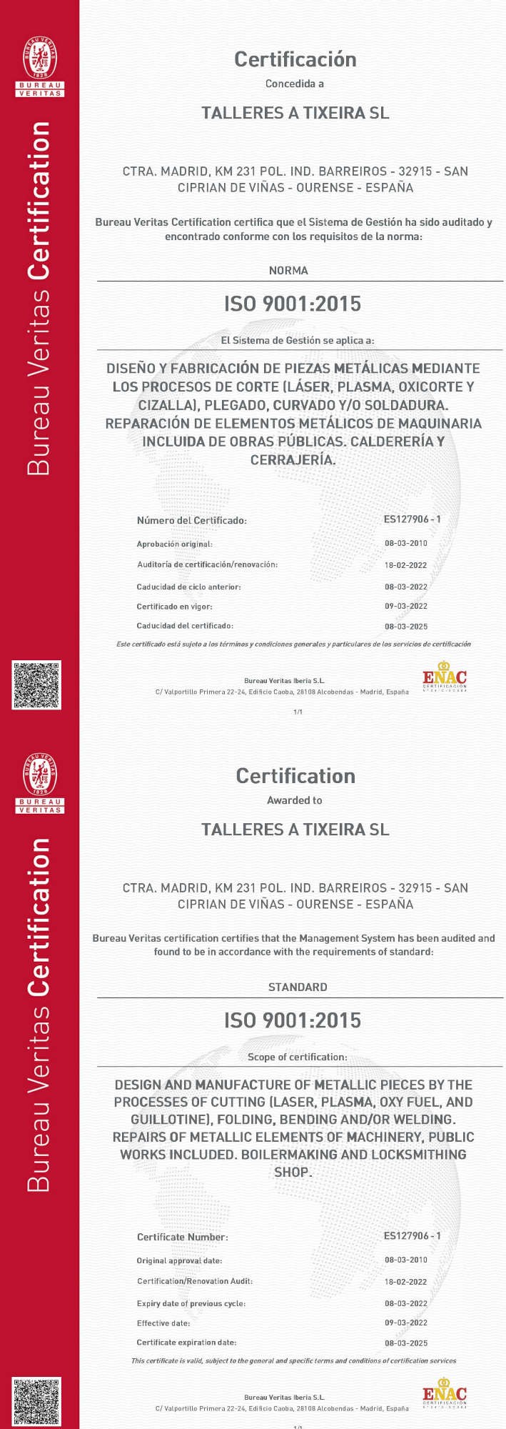 Talleres A Tixeira certificado ISO